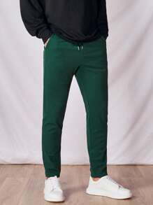 Manfinity Hombres Pantalones unicolor con bolsillo oblicuo de cintura con cordón - Verde Oscuro - Ver 1