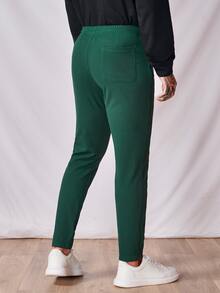 Manfinity Hombres Pantalones unicolor con bolsillo oblicuo de cintura con cordón - Verde Oscuro - Ver 2