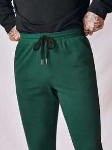 Manfinity Hombres Pantalones unicolor con bolsillo oblicuo de cintura con cordón - Verde Oscuro - Ver 3