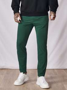 Manfinity Hombres Pantalones unicolor con bolsillo oblicuo de cintura con cordón - Verde Oscuro - Ver 4