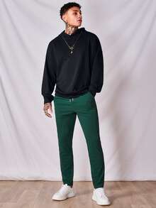 Manfinity Hombres Pantalones unicolor con bolsillo oblicuo de cintura con cordón - Verde Oscuro - Ver 5