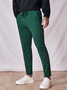 Manfinity Hombres Pantalones unicolor con bolsillo oblicuo de cintura con cordón - Verde Oscuro - Ver 6