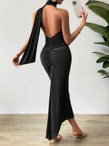 Chiquease 褶邊露背繞頸洋裝 - 黑色 - 查看 1