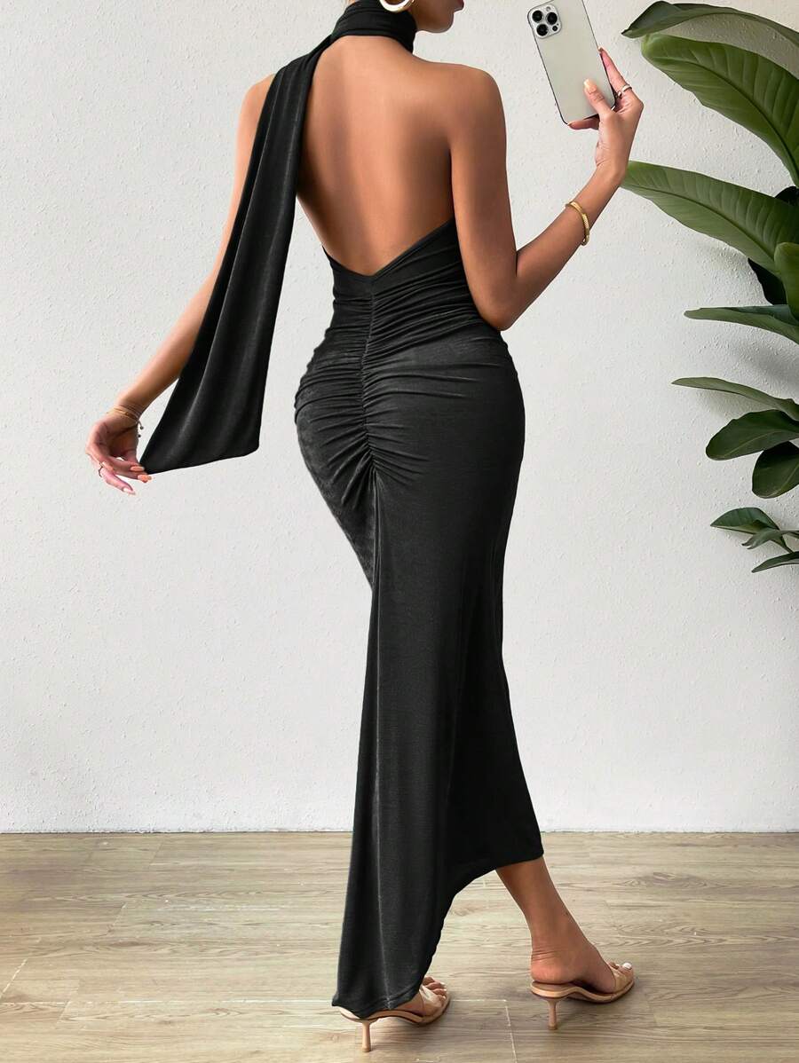 Chiquease Đầm Bất đối xứng Lộ Lưng Xù màu trơn Gợi cảm - màu đen - Xem 1