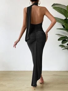 Chiquease 褶邊露背繞頸洋裝 - 黑色 - 查看 2