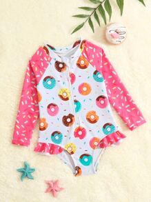 Baby Girl Donuts Print Zipper Front Ruffle Trim One Piece Swimsuit - Multicolor - View 1