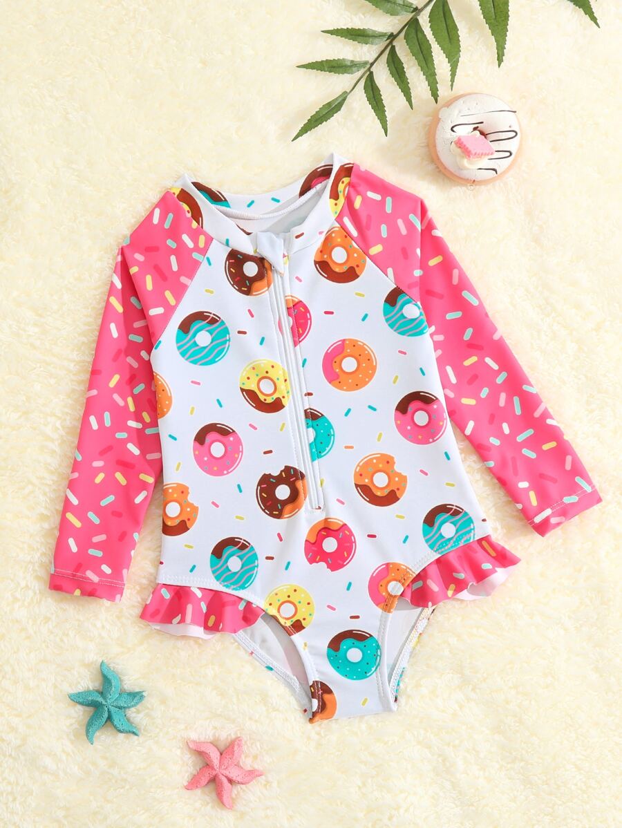 Baby Girl Donuts Print Zipper Front Ruffle Trim One Piece Swimsuit - Multicolor - View 1