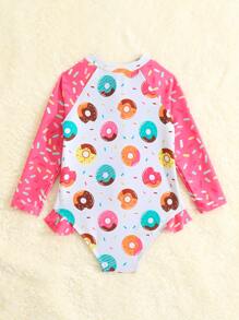 Baby Girl Donuts Print Zipper Front Ruffle Trim One Piece Swimsuit - Multicolor - View 2