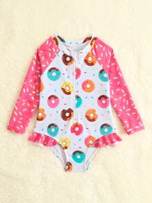 Baby Girl Donuts Print Zipper Front Ruffle Trim One Piece Swimsuit - Multicolor - View 5