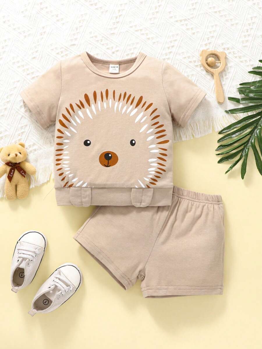 Baby Boy Cartoon Graphic Tee & Shorts - Mocha Brown - View 1