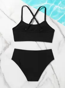 Tween Girl 纯色交叉比基尼套装 夏日海滩 - 黑色 - 查看 2