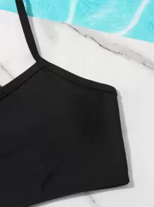 Tween Girl 纯色交叉比基尼套装 夏日海滩 - 黑色 - 查看 3