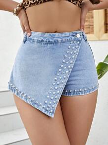 SHEIN Essnce Studded Detail Wrap Denim Skort - Light Wash - View 1