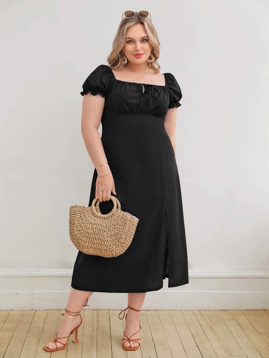 SHEIN VCAY Plus Tie Front Puff Sleeve Split Thigh Dress - Black - View 1