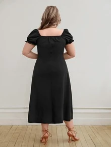 SHEIN VCAY Plus Tie Front Puff Sleeve Split Thigh Dress - Black - View 2