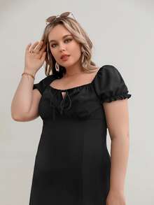 SHEIN VCAY Plus Tie Front Puff Sleeve Split Thigh Dress - Black - View 5