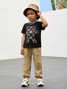SHEIN Toddler Boys Letter Pattern Slant Pocket Trousers - Khaki - View 4