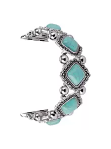 1pc Female Green Retro Turquoise Stitched Metal Elastic Watch Strap Is Suitable For All Apple Watch Strap Models 38mm/40mm/41mm/42mm/44mm/45mm/49mm Size, Suitable For Series Ultra/Se/S9/8/7/6/5/4/3 /2 /1 Model Is Suitable For All Seasons Bohemian Style Elastic Adjustment Easy To Wear Apple Watch Band - Multicolor - View 2