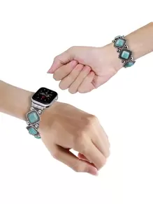 1pc Female Green Retro Turquoise Stitched Metal Elastic Watch Strap Is Suitable For All Apple Watch Strap Models 38mm/40mm/41mm/42mm/44mm/45mm/49mm Size, Suitable For Series Ultra/Se/S9/8/7/6/5/4/3 /2 /1 Model Is Suitable For All Seasons Bohemian Style Elastic Adjustment Easy To Wear Apple Watch Band - Multicolor - View 3