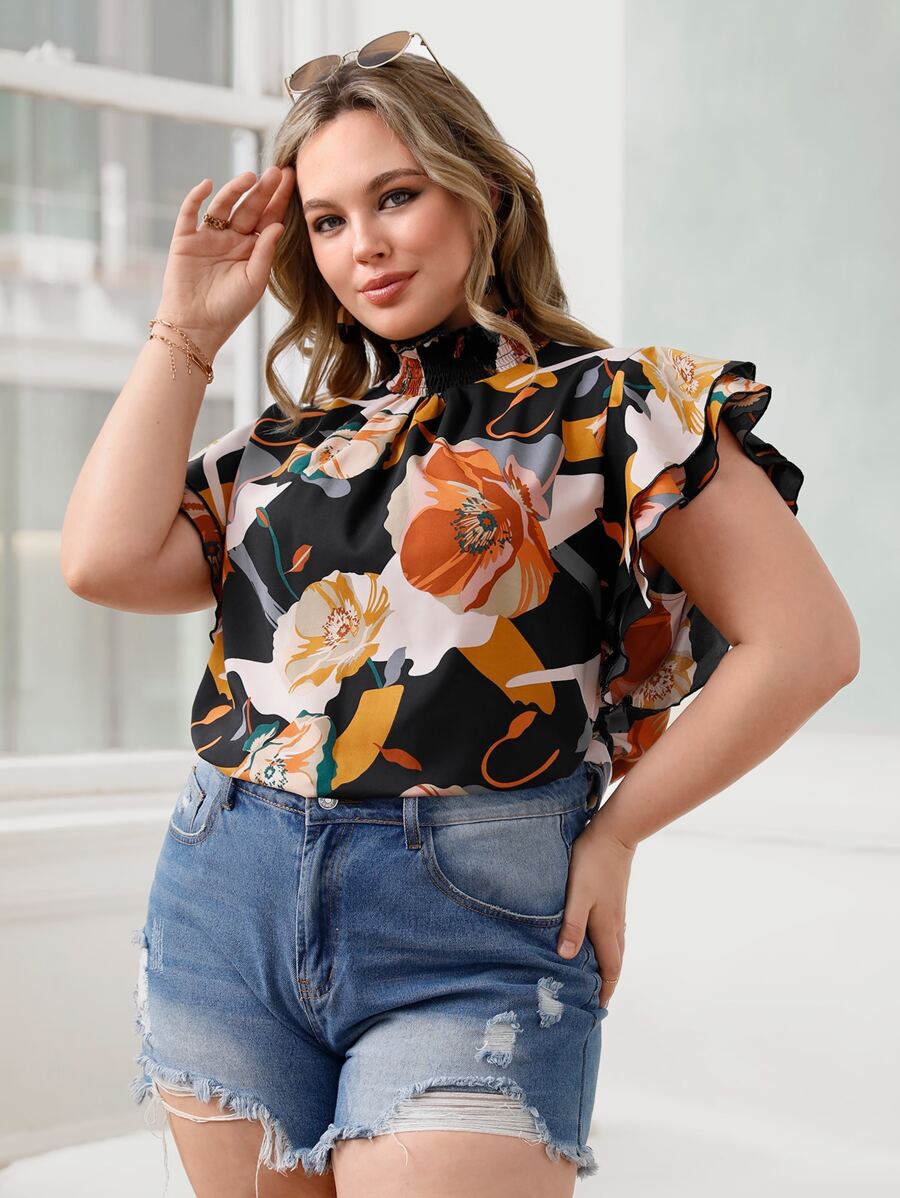 SHEIN Clasi Áo sơ mi Plus Size Xù Hoa Tất cả trên in Boho - màu đen - Xem 1