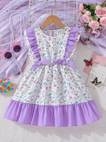 小女童印花荷葉邊前蝴蝶結洋裝