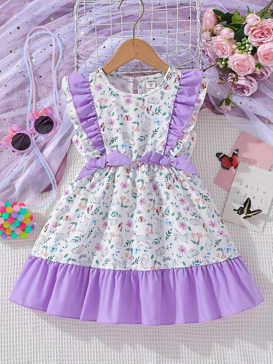 小女童印花荷葉邊前蝴蝶結洋裝