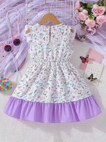 小女童印花荷葉邊前蝴蝶結洋裝
