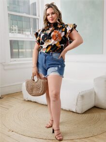 SHEIN Clasi Áo sơ mi Plus Size Xù Hoa Tất cả trên in Boho - màu đen - Xem 5
