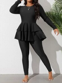 Swim Mulvari Plus 纯色布基尼套装长袖双层荷叶边下摆长线泳衣上衣和裤子 2 件套全身泳衣，适合夏季海滩度假 - 黑色 - 查看 1