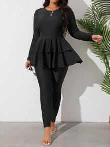 Swim Mulvari Plus 纯色布基尼套装长袖双层荷叶边下摆长线泳衣上衣和裤子 2 件套全身泳衣，适合夏季海滩度假 - 黑色 - 查看 4