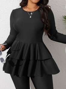 Swim Mulvari Plus 纯色布基尼套装长袖双层荷叶边下摆长线泳衣上衣和裤子 2 件套全身泳衣，适合夏季海滩度假 - 黑色 - 查看 5