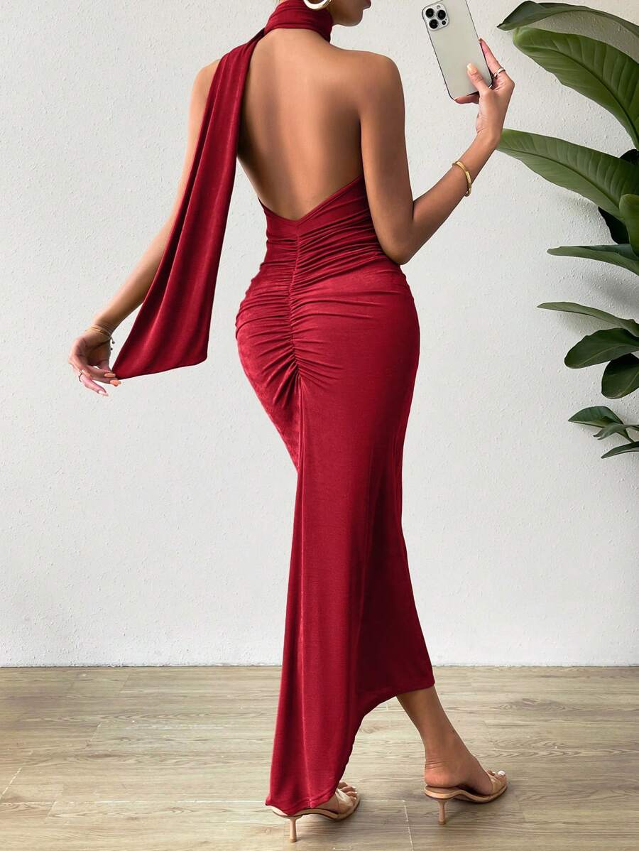 Chiquease Vestido largo con cuello halter, espalda fruncida y escotada para mujer - Rojo - Ver 1