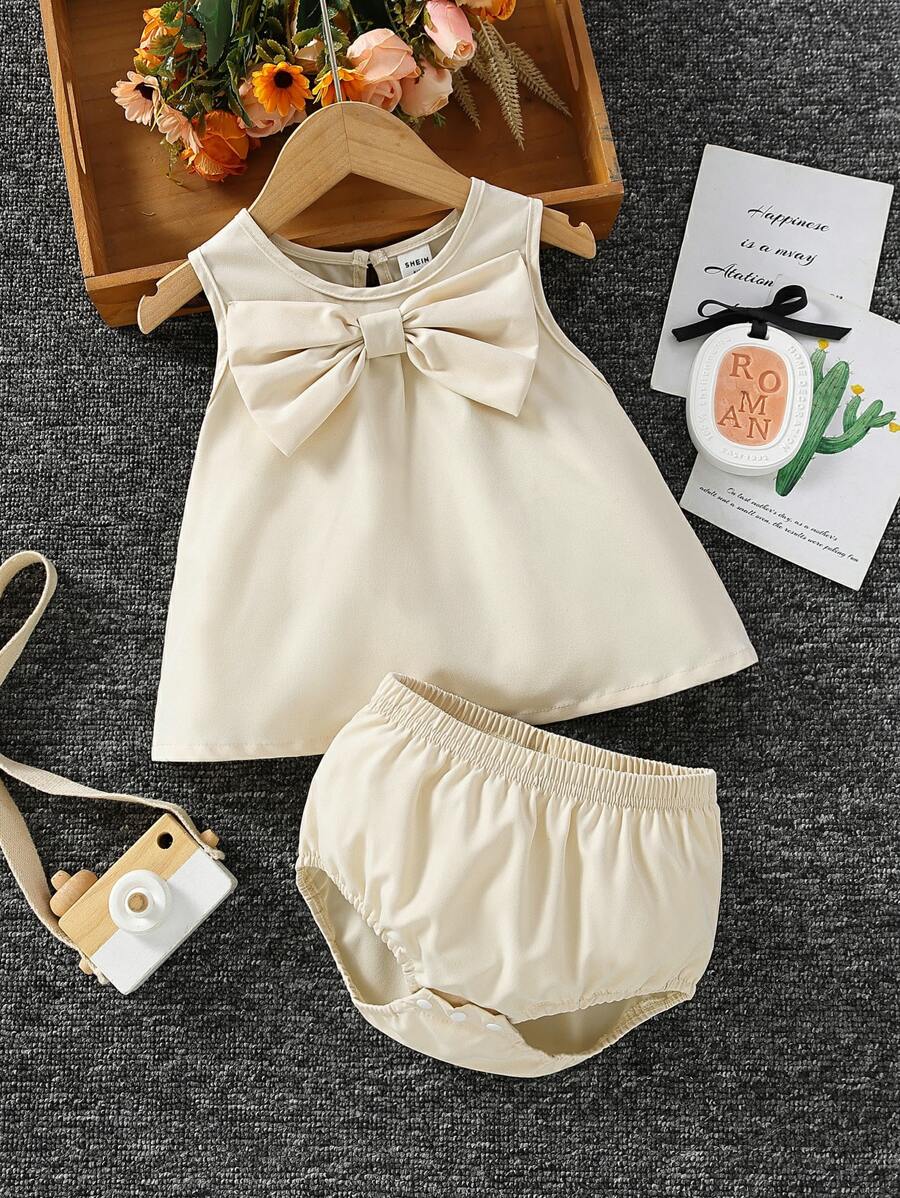 嬰兒女孩蝴蝶結前裝上衣和短褲 - 杏色 - 查看 1