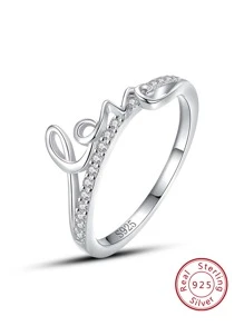 1入組魅力四射方晶鋯石和字母裝飾銀戒指適用於女士日常裝飾 - 銀色 - 查看 1