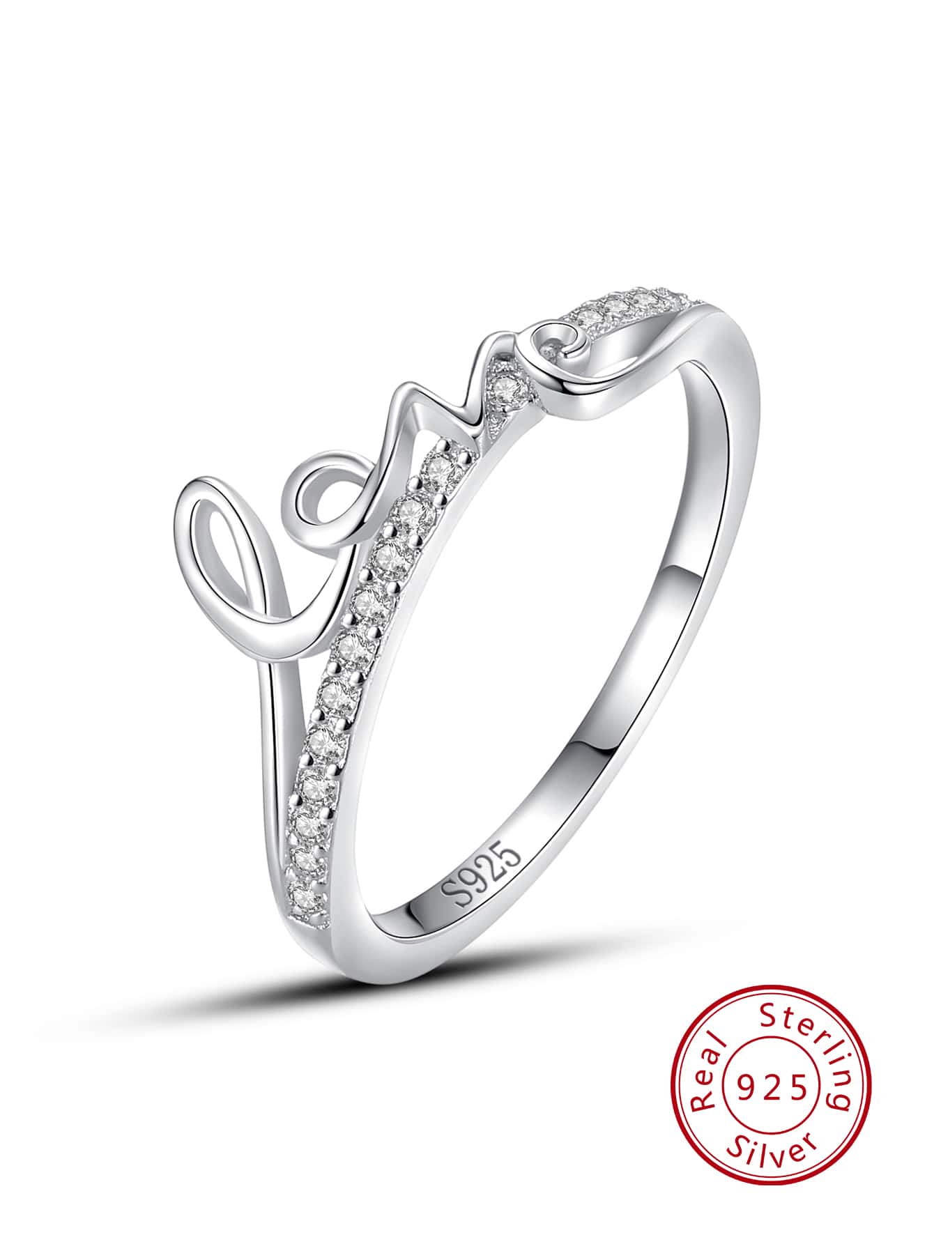 1入組魅力四射方晶鋯石和字母裝飾銀戒指適用於女士日常裝飾 - 銀色 - 查看 1