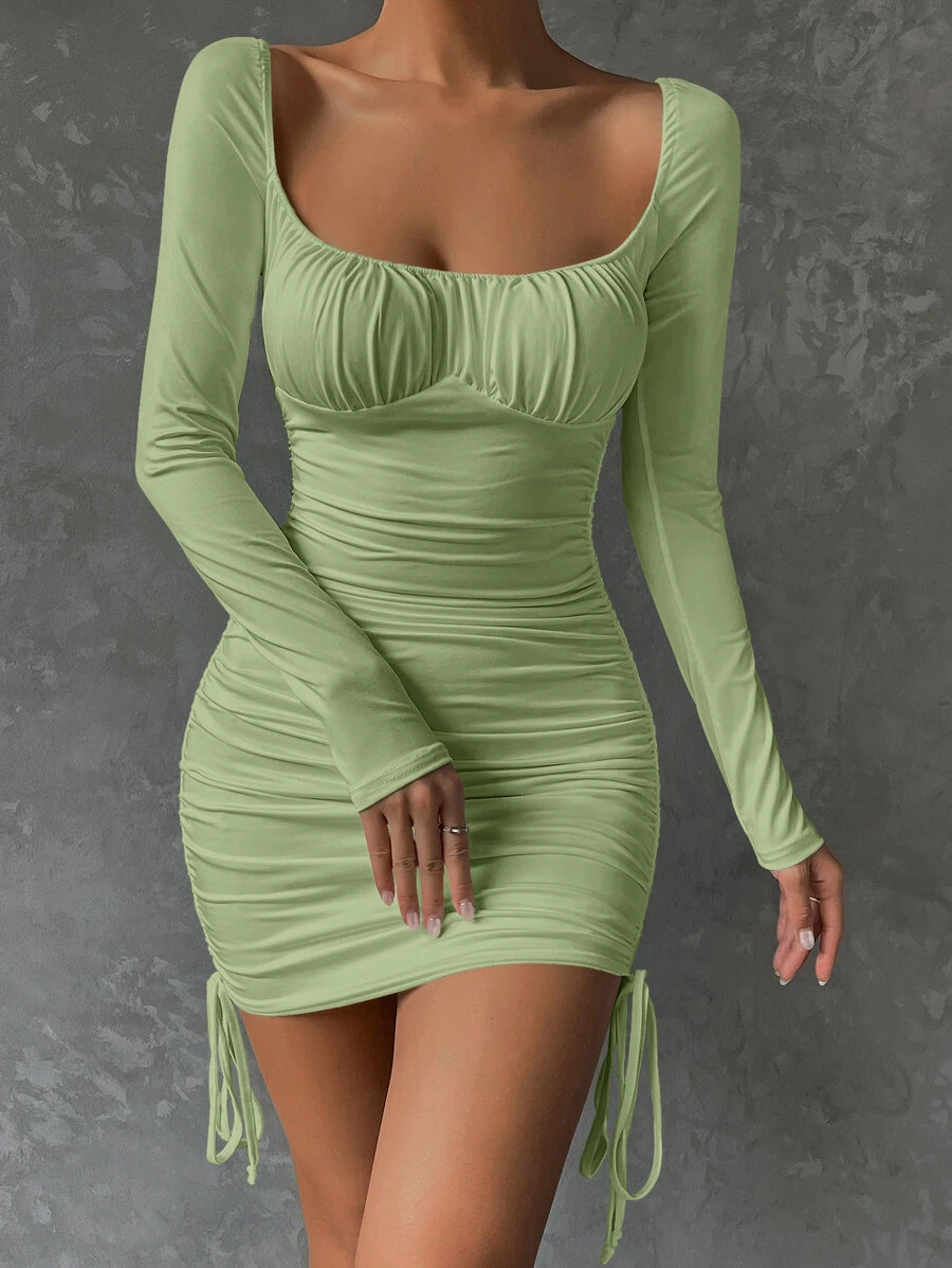 Chiquease Ruched Bust Drawstring Side Bodycon Dress - Mint Green - View 1