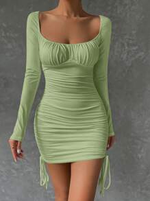 Chiquease Ruched Bust Drawstring Side Bodycon Dress - Mint Green - View 3