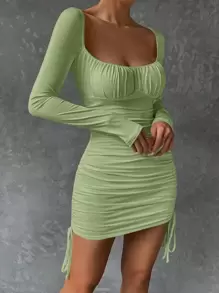 Chiquease Ruched Bust Drawstring Side Bodycon Dress - Mint Green - View 5