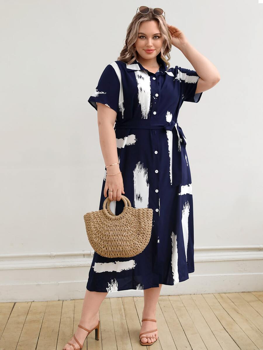SHEIN LUNE Plus Brush Print Button Through Belted Shirt Dress - Navy Blue - View 1