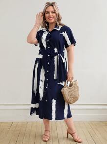 SHEIN LUNE Plus Brush Print Button Through Belted Shirt Dress - Navy Blue - View 3