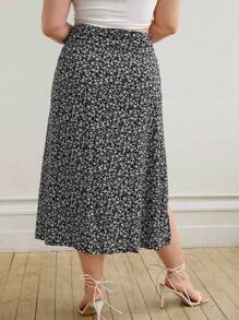 SHEIN VCAY Plus Ditsy Floral Print Split Thigh Skirt - Black and White - View 2