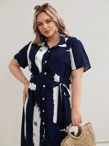 SHEIN LUNE Plus Brush Print Button Through Belted Shirt Dress - Navy Blue - View 5