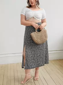 SHEIN VCAY Plus Ditsy Floral Print Split Thigh Skirt - Black and White - View 3