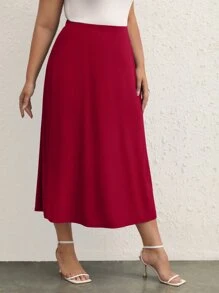 SHEIN BASICS Plus Solid High Waist A-line Skirt - Burgundy - View 4