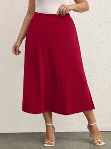 SHEIN BASICS Plus Solid High Waist A-line Skirt - Burgundy - View 3