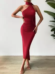 Chiquease Vestido largo con cuello halter, espalda fruncida y escotada para mujer - Rojo - Ver 3