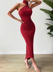 Chiquease Vestido largo con cuello halter, espalda fruncida y escotada para mujer - Rojo - Ver 5