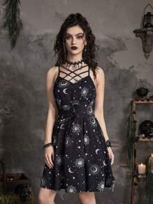 ROMWE Goth 太陽月亮圖案交叉吊帶洋裝 - 彩色 - 查看 4