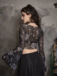 Goth 星月圖案前繫帶短款網紗上衣 - 黑色 - 查看 2