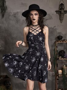 ROMWE Goth 太陽月亮圖案交叉吊帶洋裝 - 彩色 - 查看 5